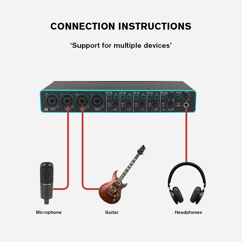 Audio Interface Sound Card Professional Usb Interface 4×4 With Mic Preamplifier For Recording