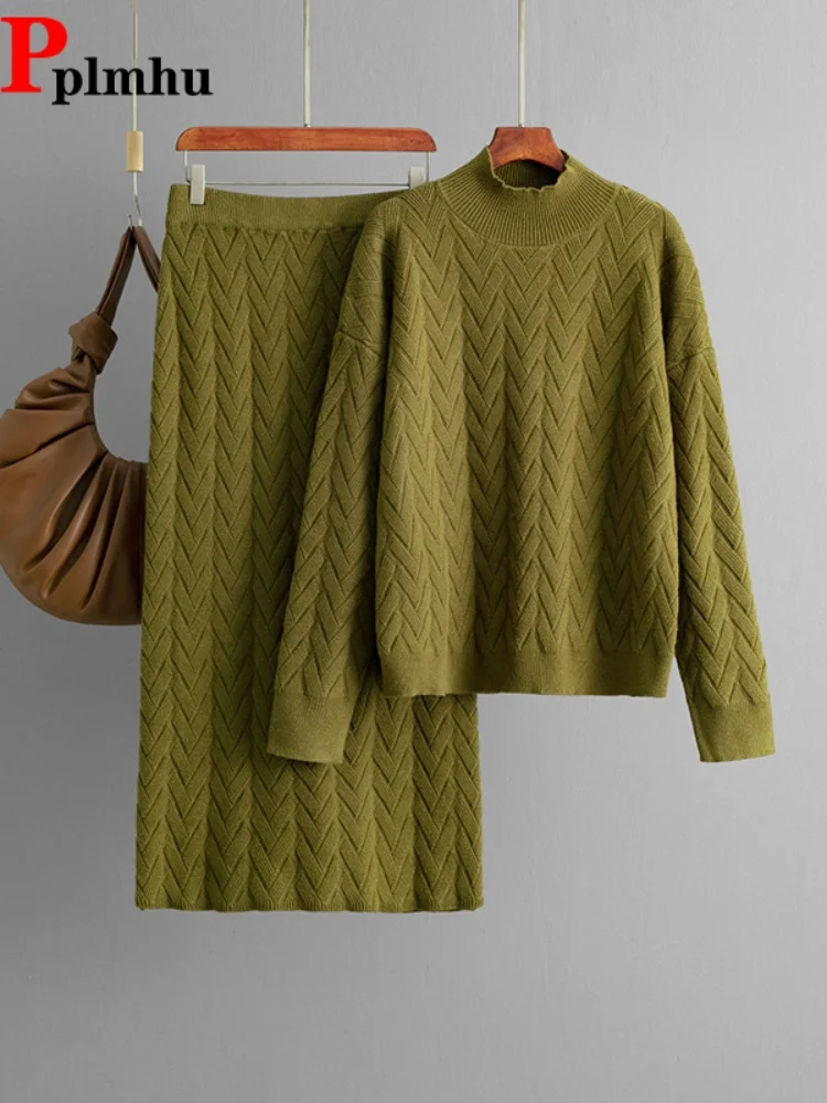 Conjunto de 2 Piezas de Suéter de Cuello Medio Alto Tejido para Mujer, Suéter Holgado Informal y Suave, Conjuntos de Faldas de Cintura Alta