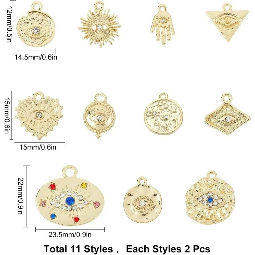1 Box 22Pcs 18K Gold Plated Evil Eye Charms Bulk Alloy Rhinestone Evil Eye Hamsa Hand Connectors Link Charm Jewelry Findings