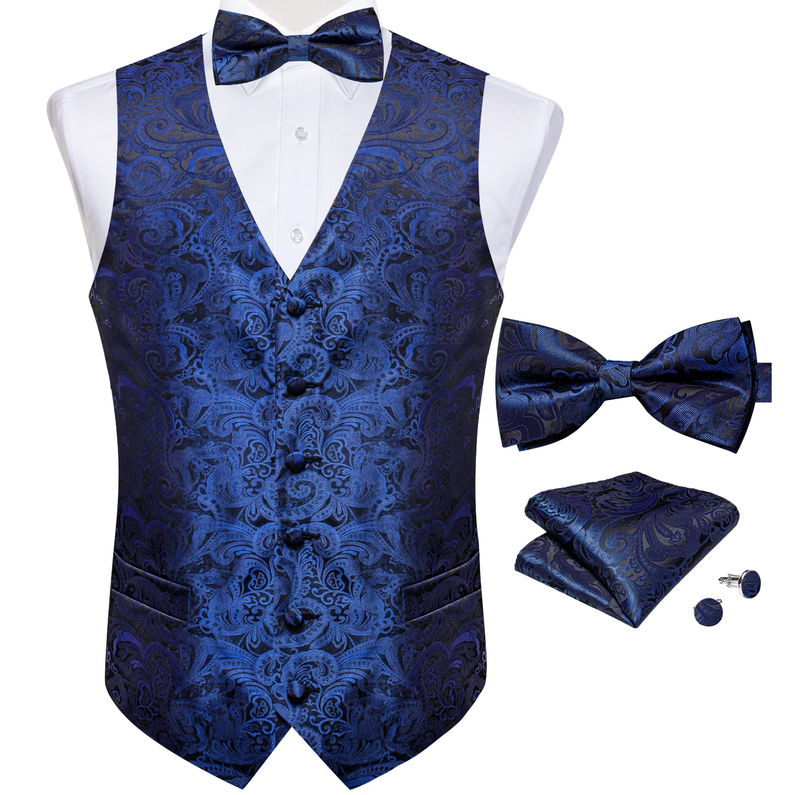 Royal Blue Paisley Vest Accessory Set Bow Tie Pocket Square Cufflinks For Holiday Celebration Stage Show