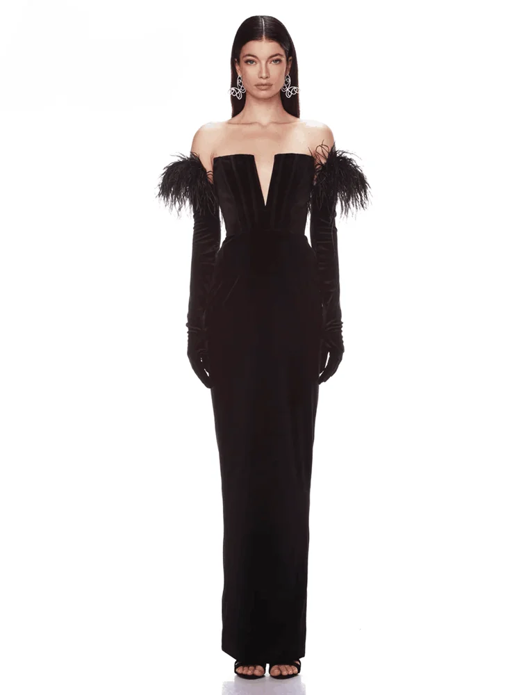 

2023 Autumn Winter Women's Elegant V Neck Strapless Black Bandage Long Gown with Feather Gloves Design