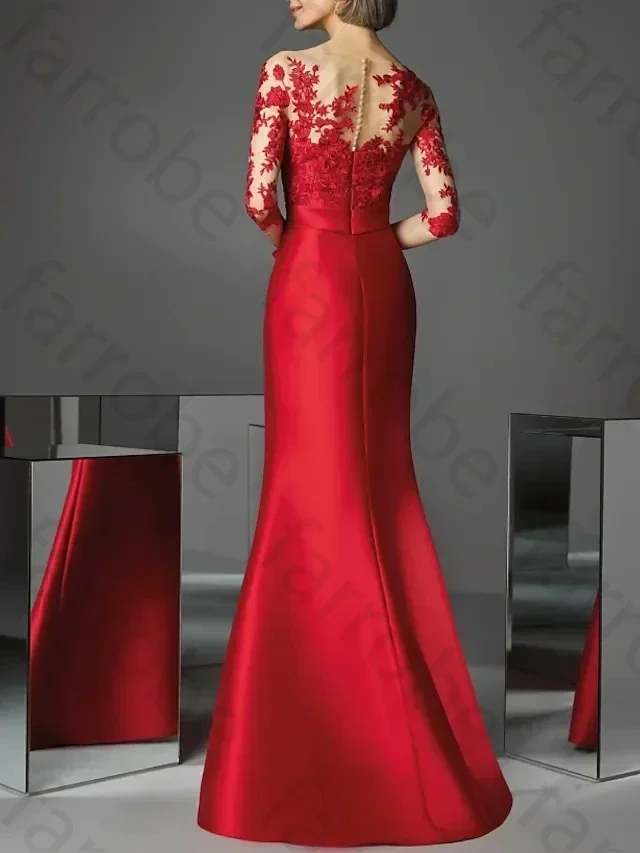 Customized Elegant Mermaid Long Red Satin Mother of the Bride Dresses Sheath Pleated Lace Floor Length Mother of Groom Dress