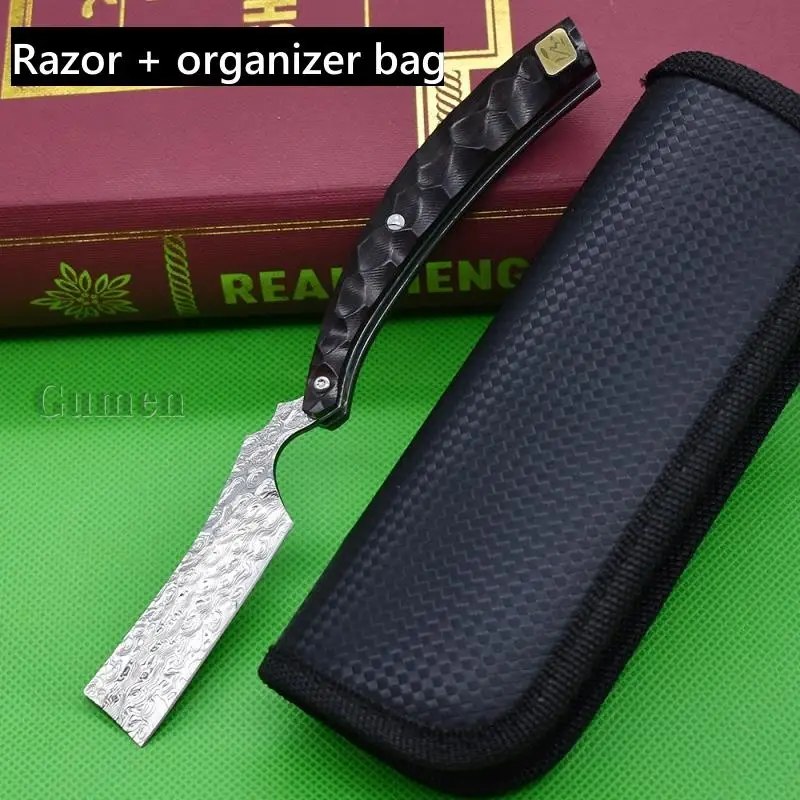 

2024 Damascus Steel Razor Set Natural Ebony Handle Hardness 58 60HRC Barber Haircut Shaving Outdoor Knife With Organizer Bag