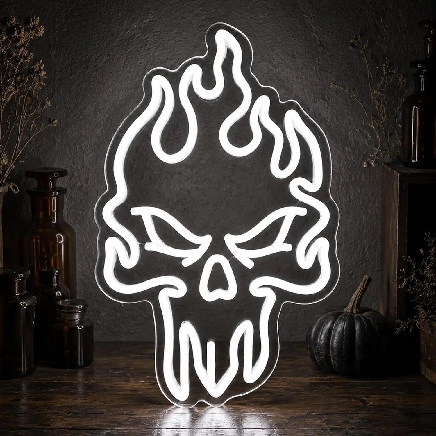 Flaming Skull Neon Sign USB Dimmable LED Lights for Man Cave Bar Game Room Garage Spooky Halloween Party Decoration Gifts