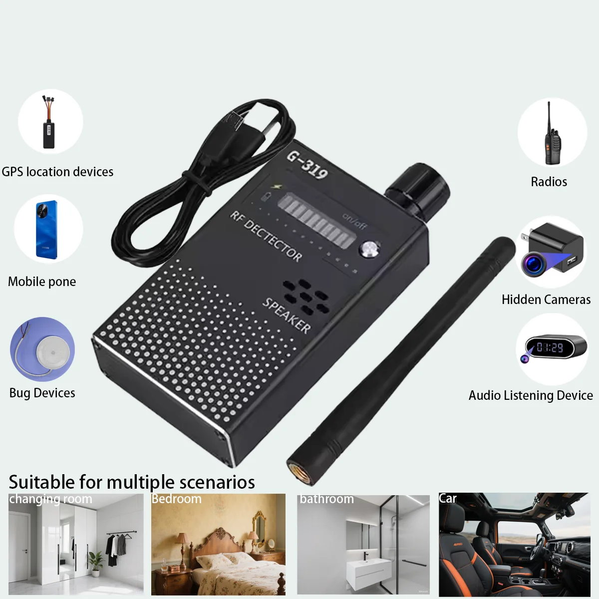 

G319 Pro RF Detector: Anti Spy Bug, GPS Tracker, Hidden Camera Finder for Hotel/Travel, CDMg Room/Bathroom/Car, Sensitivity Knob