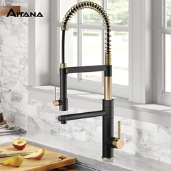 Luxury black brass kitchen faucet with magnetic suction Pull-Out design Two handles Dual control of hot and cold 2-function Tap