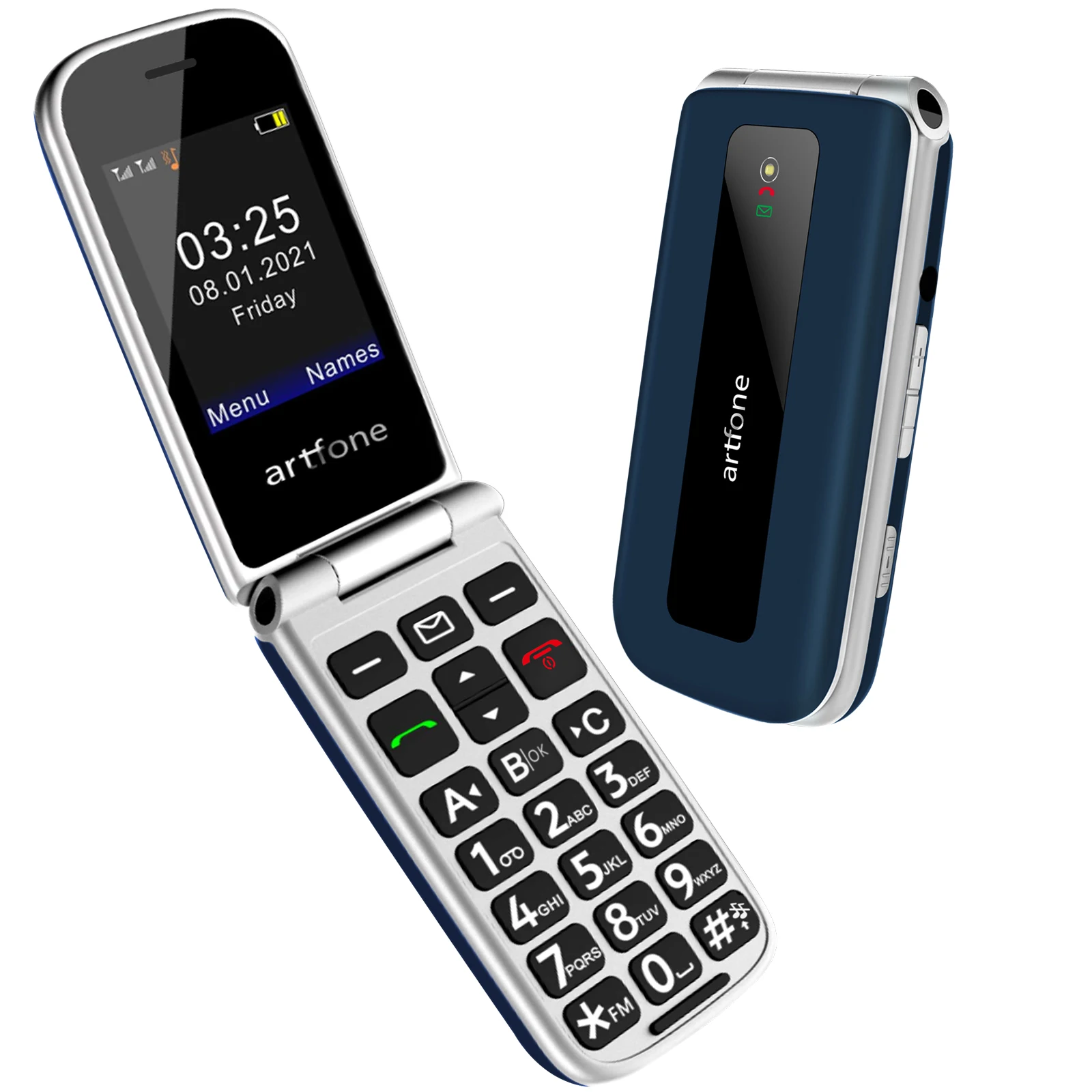 artfone F20, téléphone portable à rabat 2G pour personnes âgées, gros boutons et touches, bouton SOS, double Nano SIM, batterie 1300 mAh