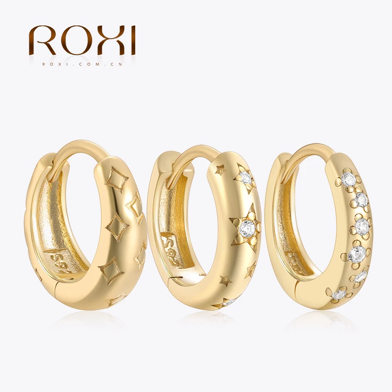 ROXI 925 Sterling Silver 1 Piece Ear Buckle Round Star Rhombus With Zircon Circle Hoop Earrings For Women Simple bijoux femme