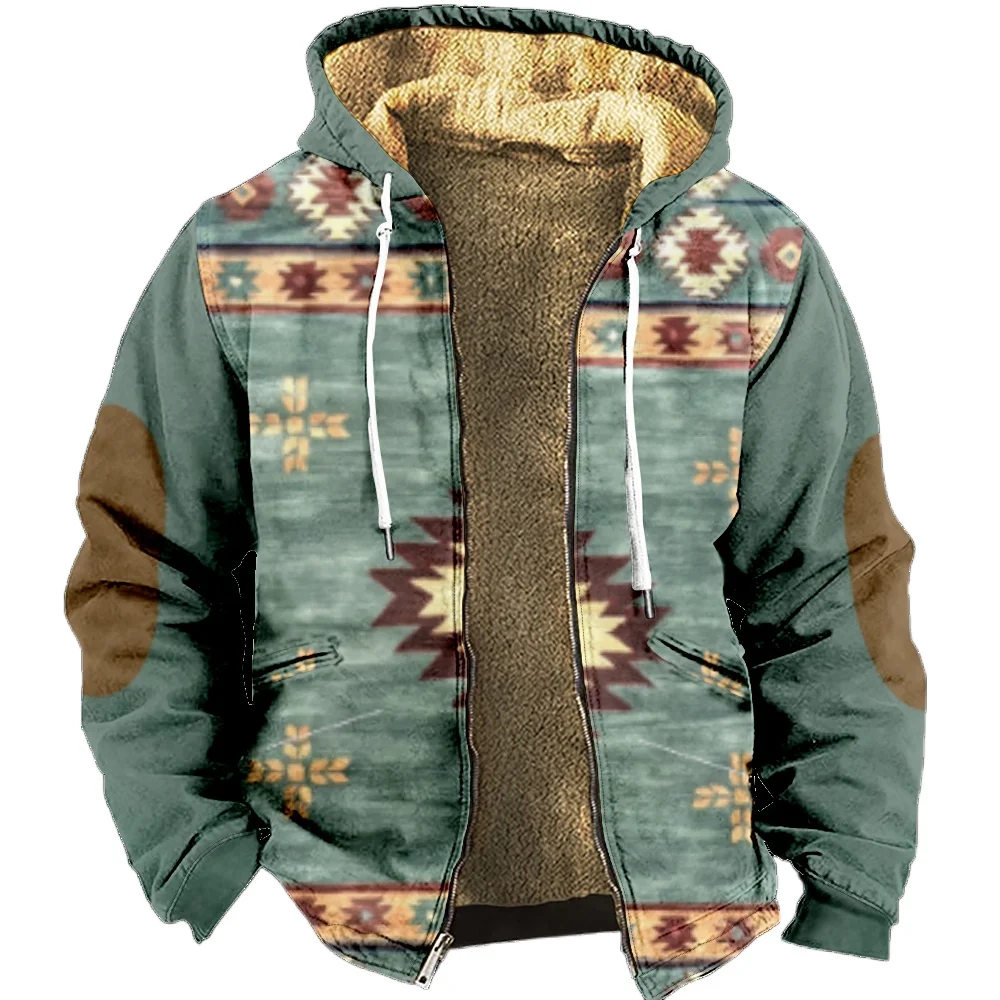 Zipper Hoodies for Men Casual Green Plaid Graphic Prints Winter Coat Long Sleeve Sweatshirt Casual Hooded Jacket Outerwear