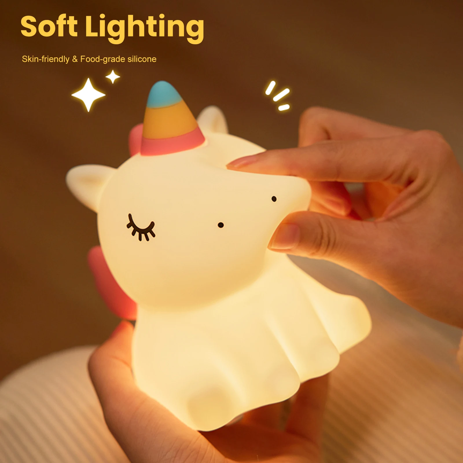 Bonita luz nocturna de unicornio para niños, luz nocturna de silicona para guardería, lámpara LED regulable de unicornio blando, lámpara de noche recargable
