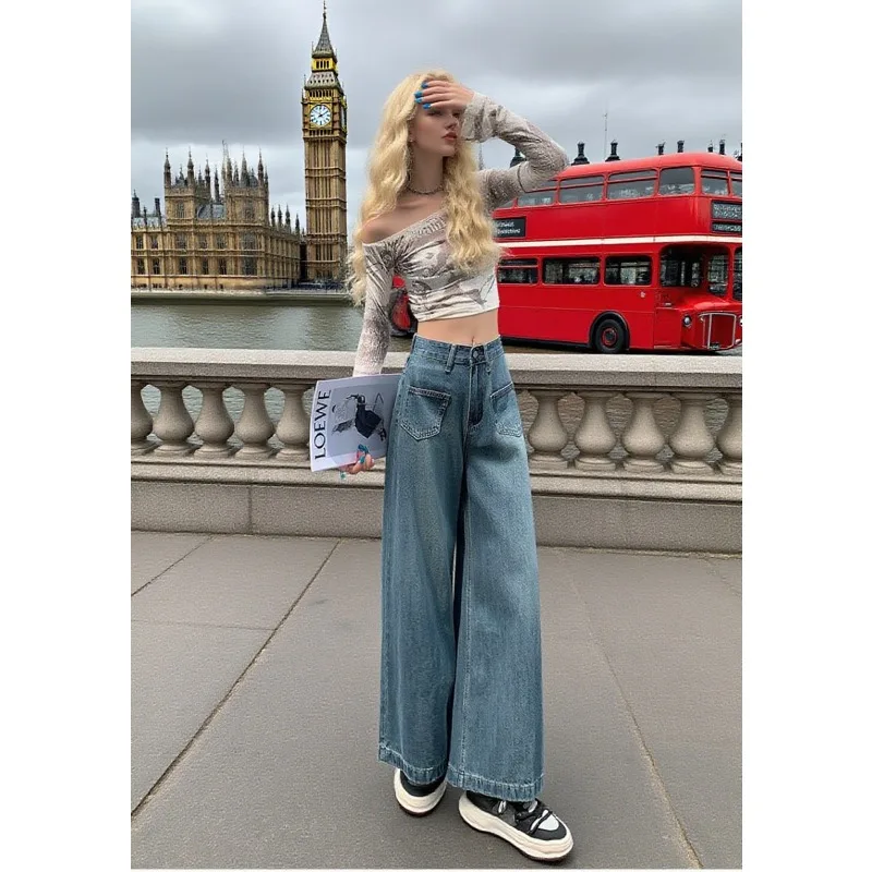 Lässige Damen-Jeans, lockere Vintage-Hose mit hoher Taille und weitem Bein, Herbst-Winter, schwere, drapierte, gerade, lange Hose, entspannte Passform
