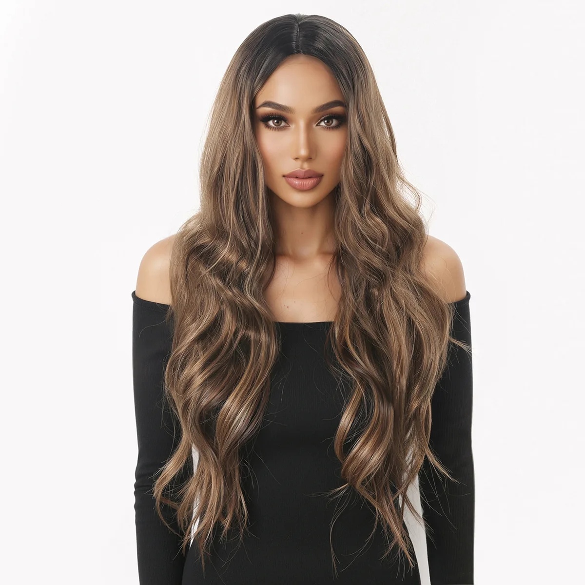European and American popular golden brown wig headband with gradient color and long curly hair-Synthetic fiber wig