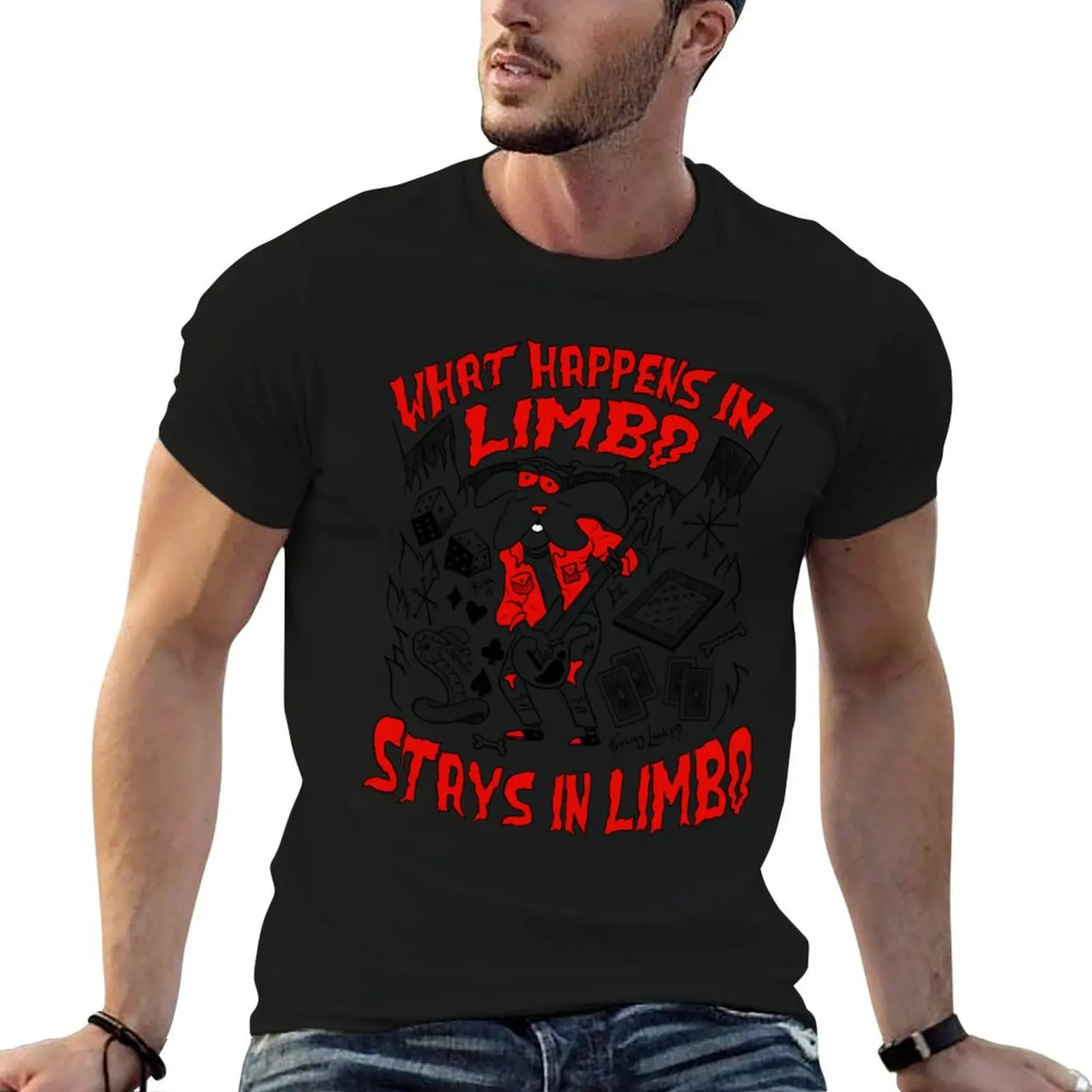 Camiseta clásica de manga corta estilo urbano informal con la frase What Happens in Limbo Stays in Limbo