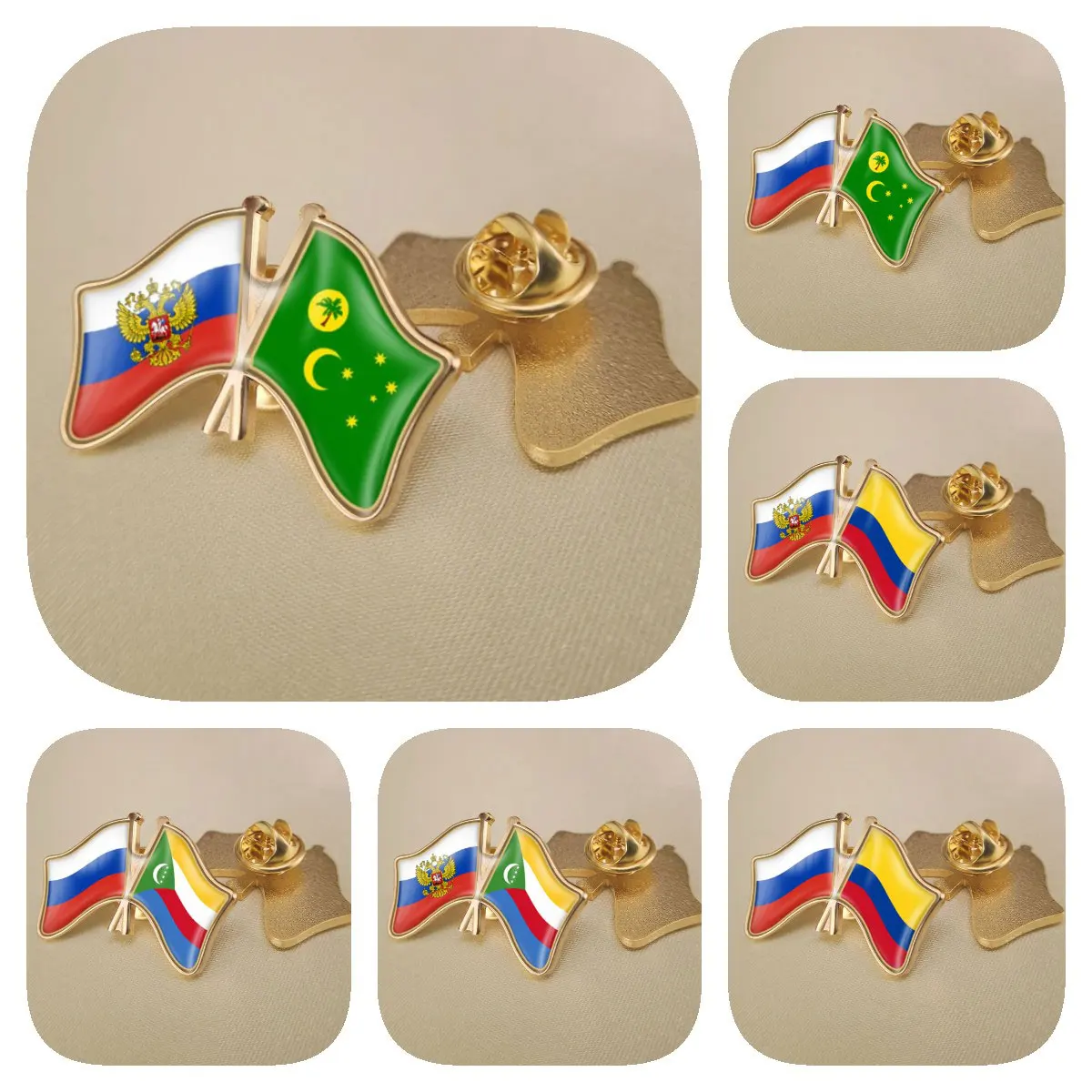 Russian Federation and Cocos (Keeling) Islands Colombia Comoros Double Crossed Friendship Flags Brooches Lapel Pins Badges