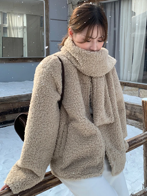 

Корейское круглое пальто Ne ort, женская зимняя теплая пушистая верхняя одежда, шарф кактусного размера, соответствующий милый и молодежный