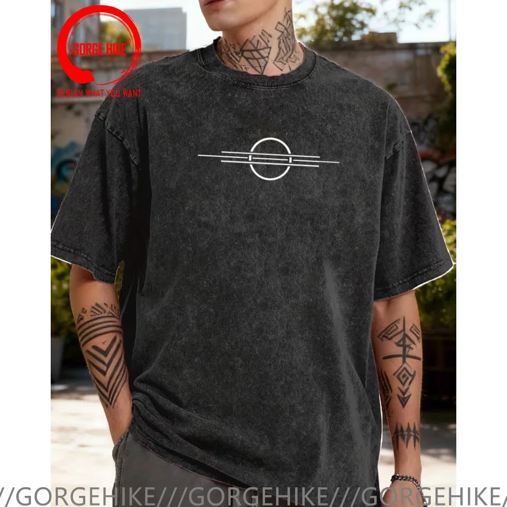 

Винтажная футболка из выстиранного хлопка с забавным дизайнерским принтом (круги и линии), мужская модная повседневная одежда, стильные топы и футболки