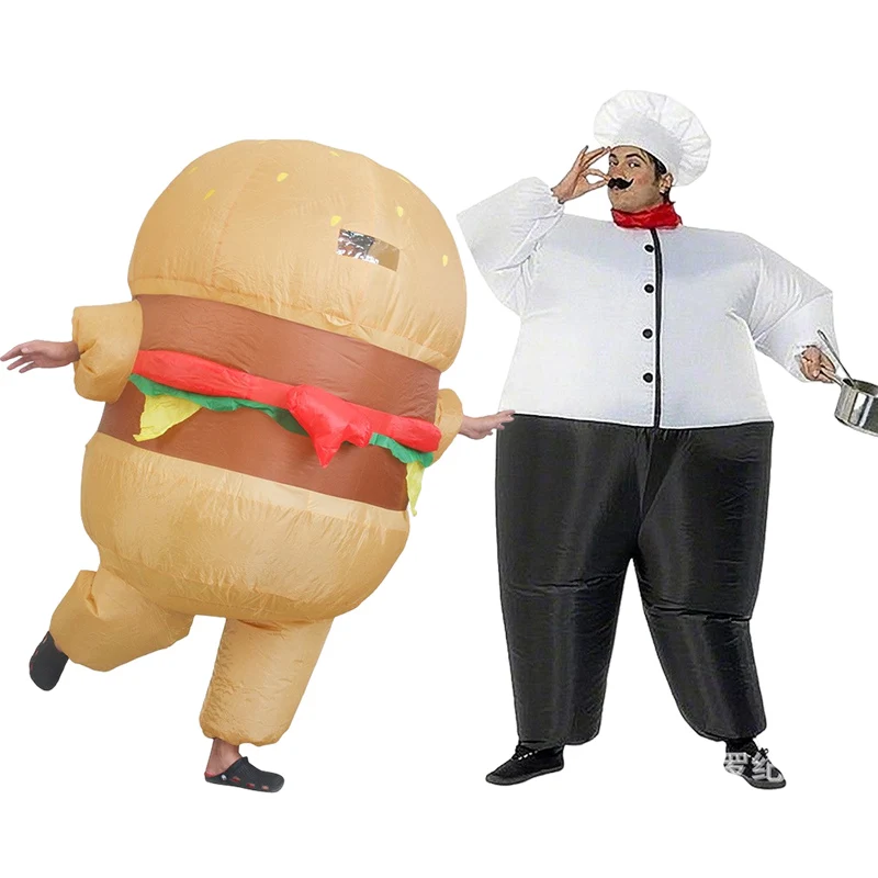 Erwachsene Unisex Hamburger Chef Aufblasbare Kostüm Set Rolle Spielen Kleidung Maskerade Für Halloween Karneval Party Bühne Requisiten Anzug