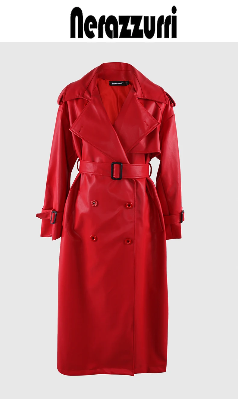 Nerazzurri Spring Autumn Long Oversized Black Pu Leather Trench Coat for Women Belt Double Breasted Loose Casual Korean Fashion