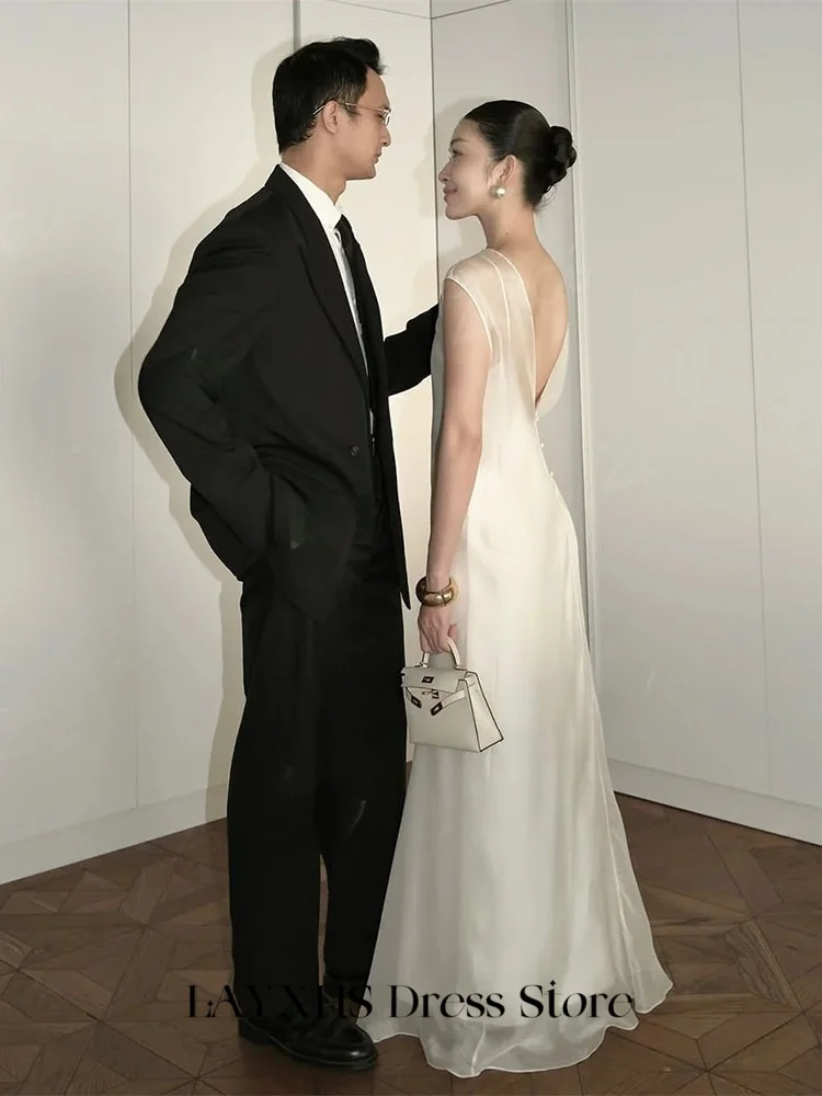 LAYXHS-vestidos de Noche elegantes con cuello redondo, Organza, sin mangas, sirena, botón, largo hasta el suelo, vestidos de novia personalizados