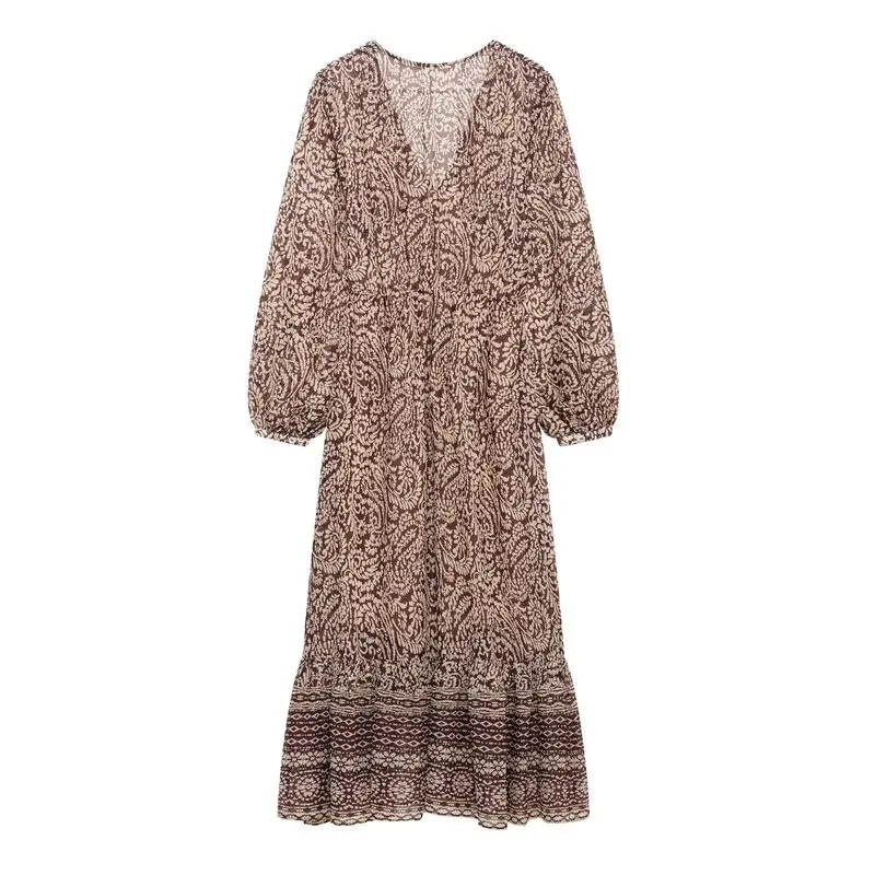 Novo Vestido Midi F Primavera 2025 com Decote em V, Decoração em Camadas, Estampa, Manga Longa, Estilo Casual, Peça Ún...