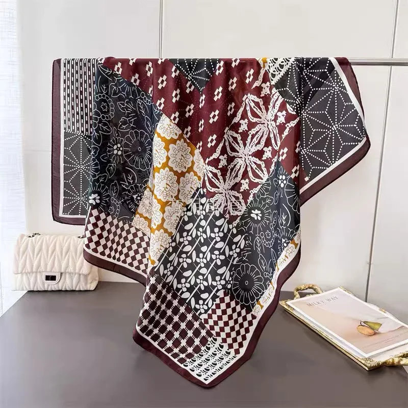 

Vintage Square Silk Scarf Geometric Patchwork Print Bandana for Women Festival Vacation Neck Scarf Hairband Bag Tie Accessory