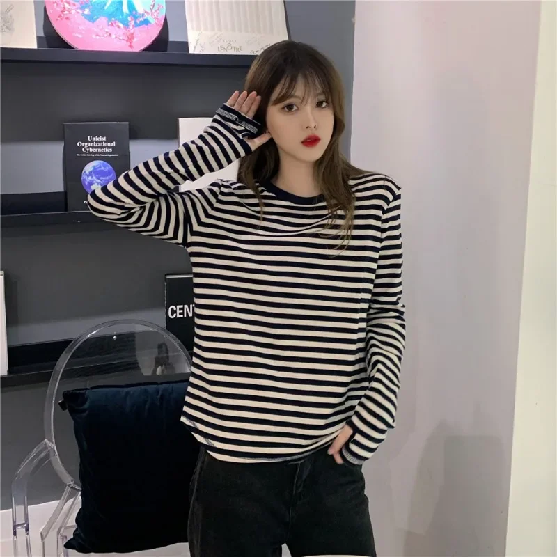 New Women Striped T-shirts Long Sleeve Spring Autumn Contrast Tops Women Loose Casual Bottoming Shirts New Classic O-neck Tees