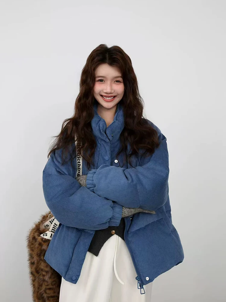 Vintage Corduroy Parkas Women Korean Loose Stand Neck Warm Puffy Coats Y2K Winter Thick Baggy Preppy Zipper Crop Outerwear Mujer