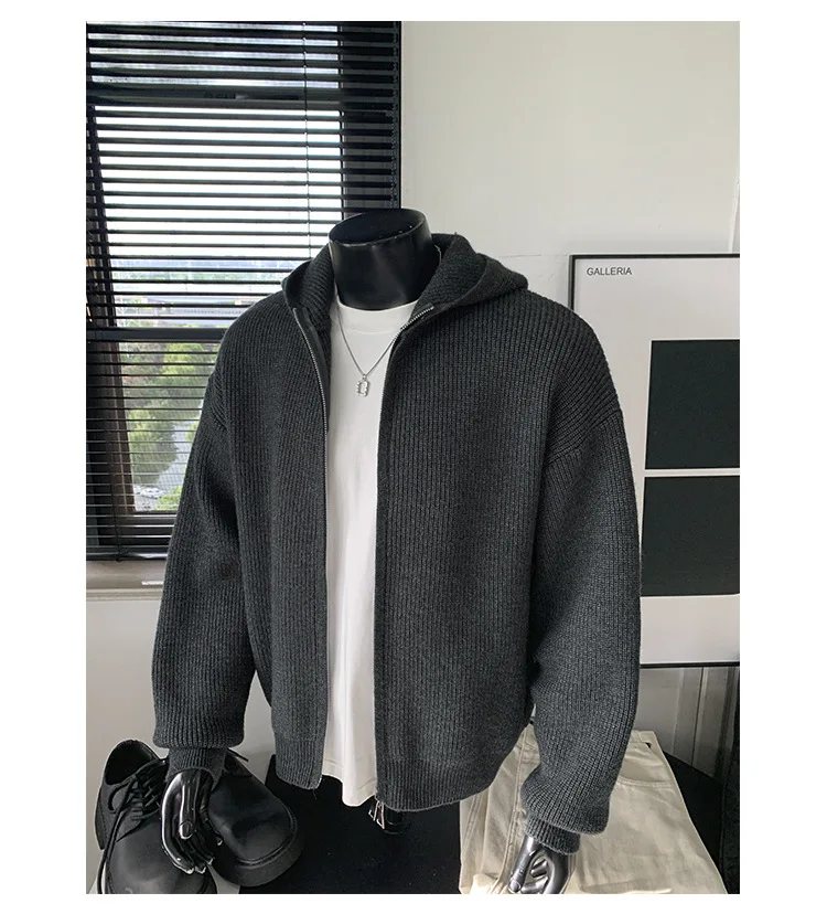 2026 New Autumn Winter Simple Solid Color Knitted Hoodie Men Japan Korean Fashion Casual Loose Double Zipper Hooded Jacket