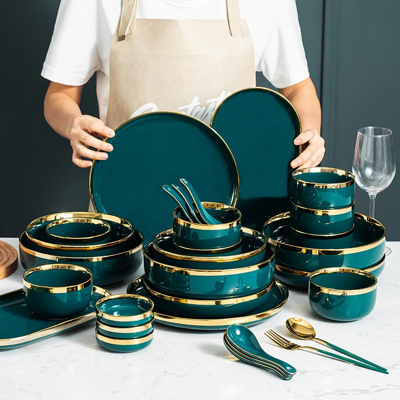 Ceramic Dinner Plates Dinnerware Set Dishes Luxury Green Food Dessert Plate Salad Soup Bowl Tableware Set for Restaurant Hotel