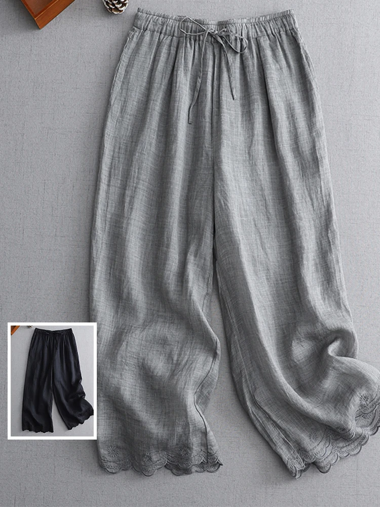 

Retro Hemp Embroidered Straight Leg Nine-Piece Pants High Waist Belted Slimming Drapey Casual Wide Leg Summer Women's plus Size