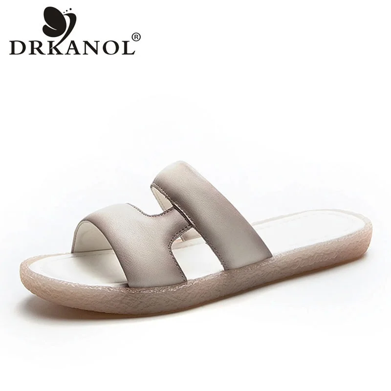 DRKANOL 2024 Women Slippers Summer Outside Casual Slides Genuine Leather Slip On Open Toe Lightweight Comfort Flat Slippers