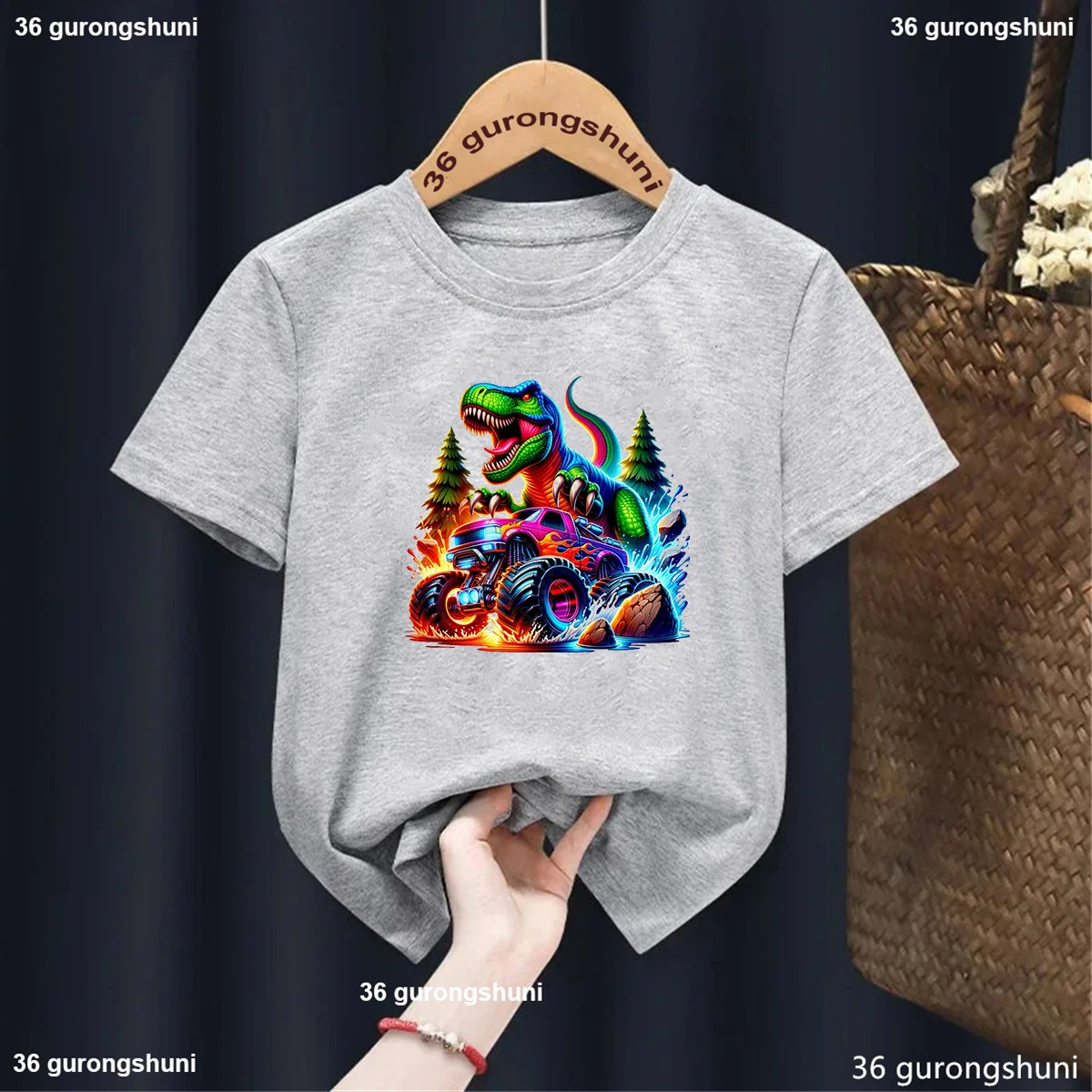 New T-Rex Monster Cars and Motorcycles Printed Tshirt Boys K