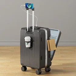 Suitcase Front Opening Laptop Bag Luggage USB Cup Holder Travel Bag Cabin Carry-on Suitcases 18/20/26/28