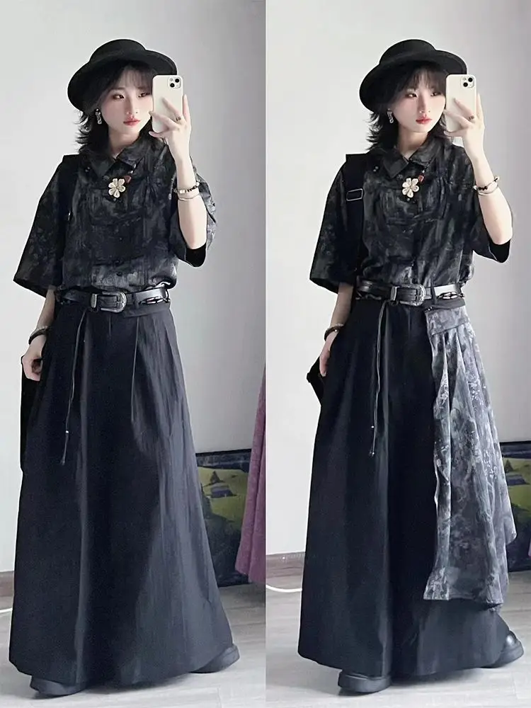 Dark Wear Retro Minority Neutral New Chinese Style Detachable Loose Cropped Wide-Legged Culottes