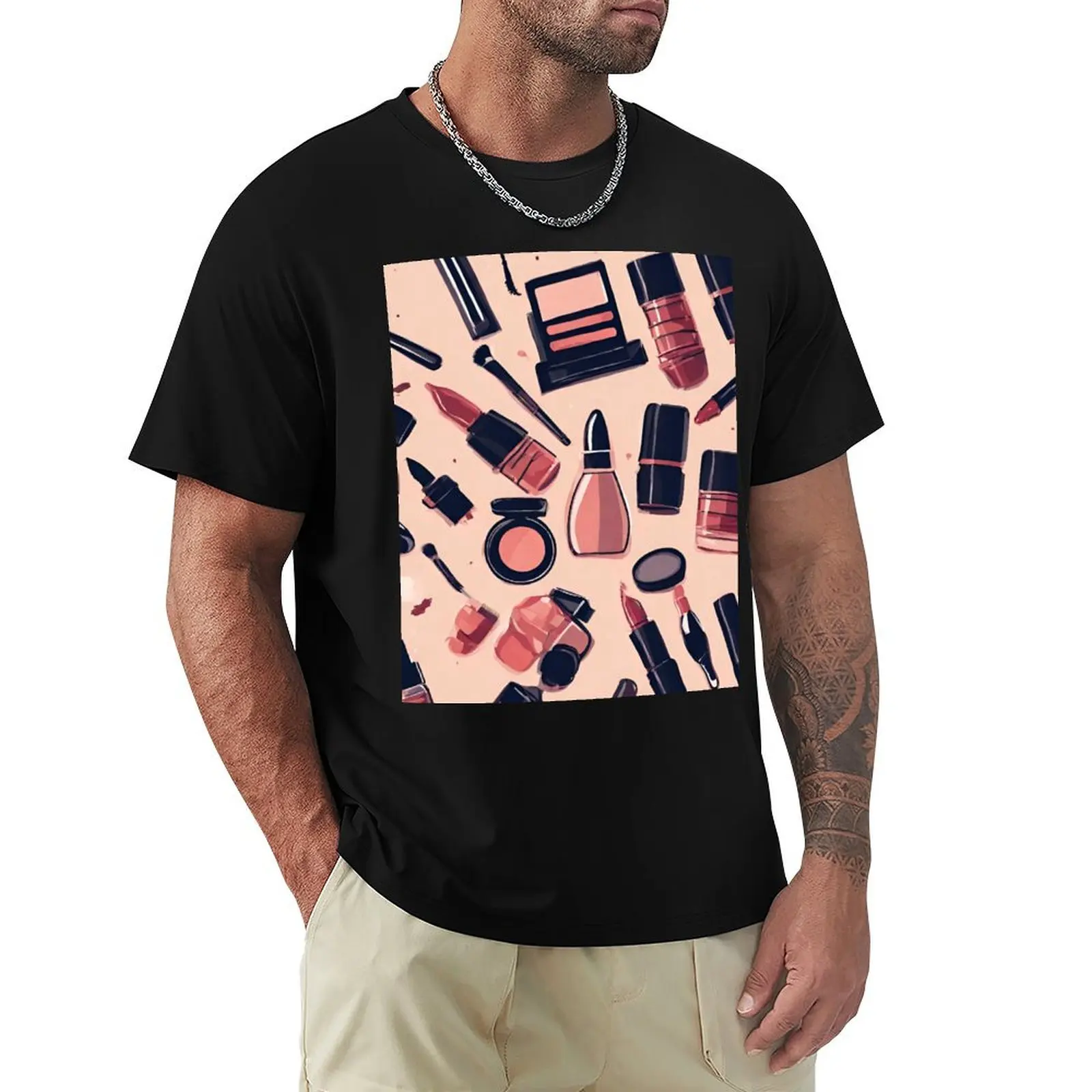 Makeup Pattern T-Shirt Basic Crew Neck Short Sleeve Top