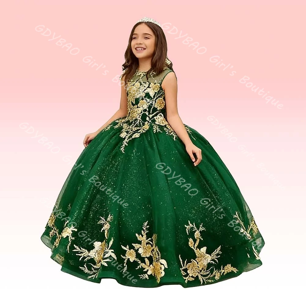 

Индивидуальные платья для девочек на свадьбу, 2-14 лет, с золотыми аппликациями, из фатина, для принцесс, нарядные, с прозрачным вырезом, для вечеринок и балов