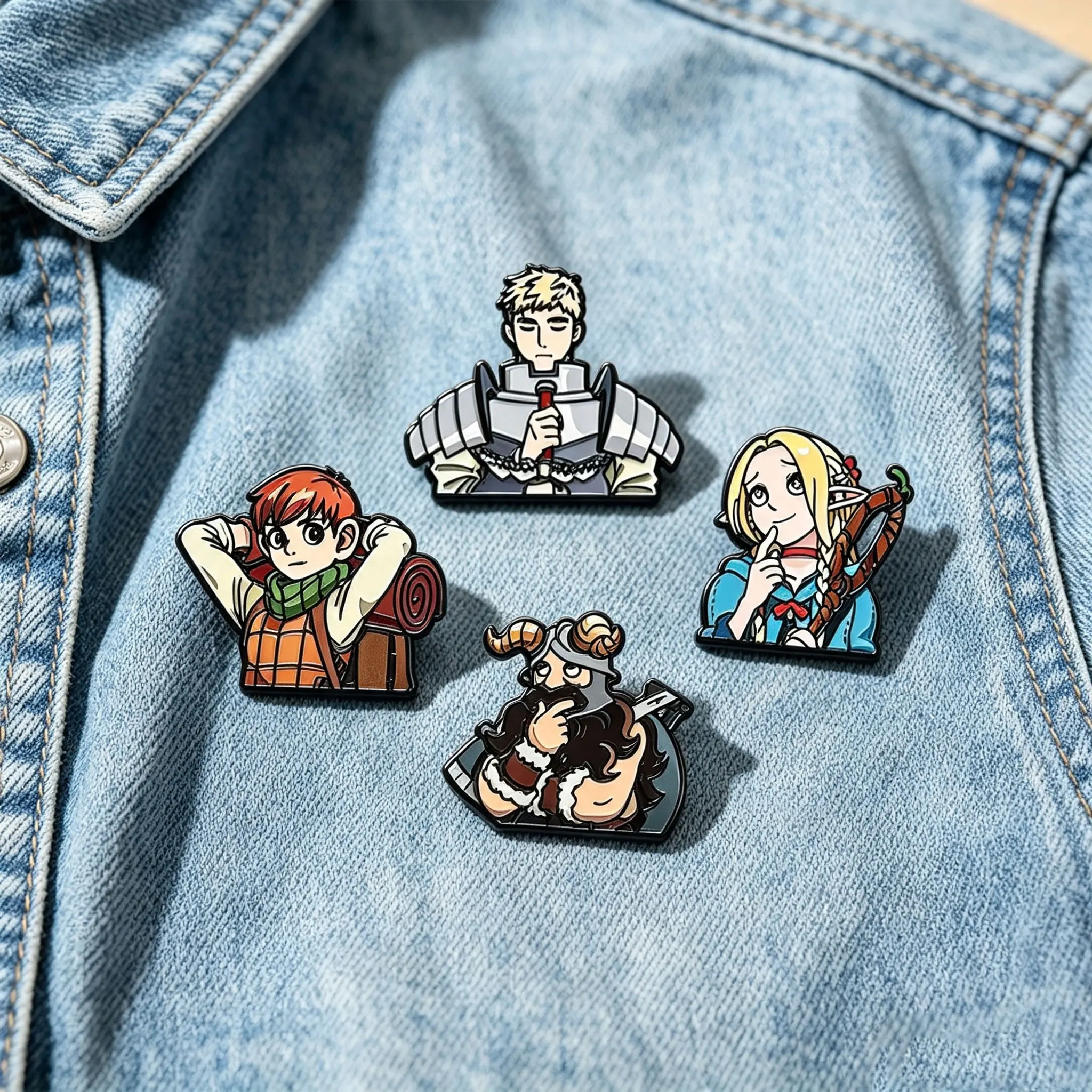 4-teiliges Delicious in Dungeon Anime Emaille-Pin-Set Metallbroschen für Rucksack, Kragen, Revers, Modeschmuck für Männer und Frauen