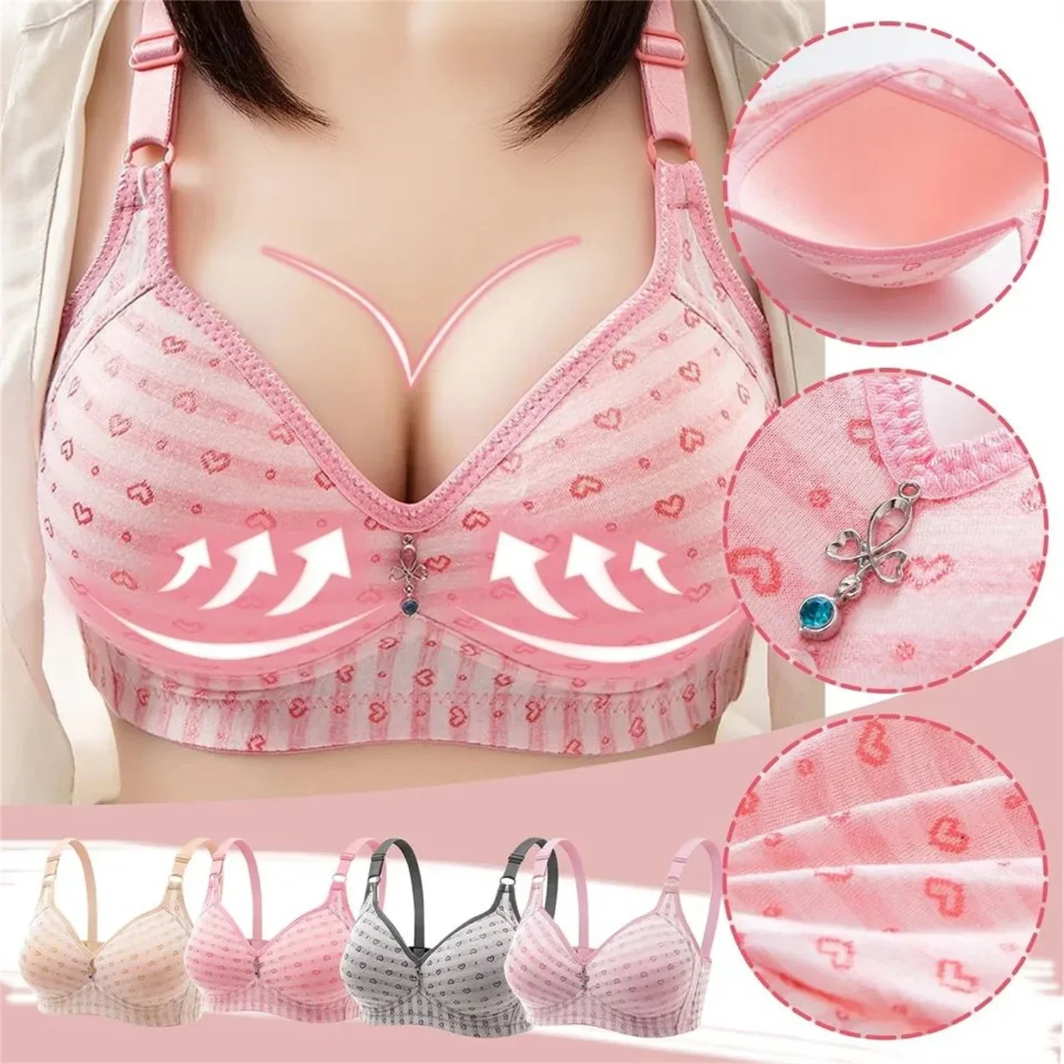 

Women's Large Size Wireless Gathered Bra Thin Cup Anti Sagging Collect Auxiliary Milk Bra Printed Comfortable Beautiful Bra