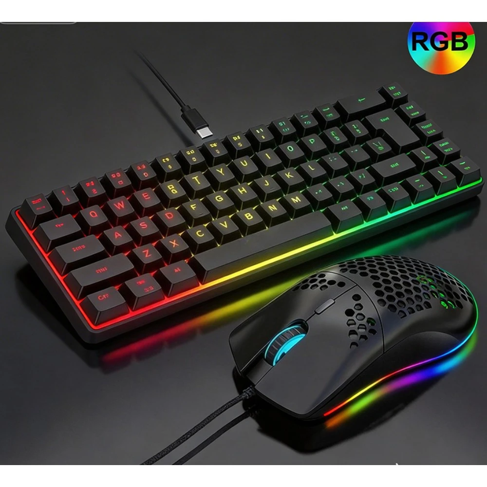 

Комплект: проводная мембранная клавиатура на 68 клавиш с RGB-подсветкой и игровая мышь. Портативные клавиатуры и мыши для офиса и игр.