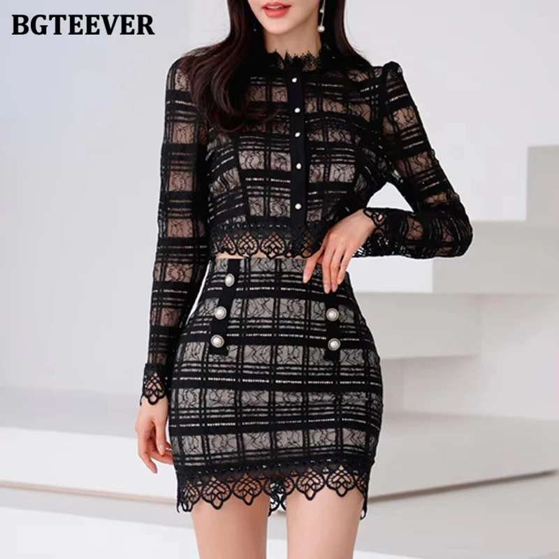 

BGTEEVER Stylish Women 2 Pieces Skirt Set Long Sleeve Single-breasted Blouses & Package Hip Mini Dress Spring Summer OL Set