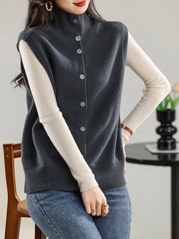 

2024 New Women 100% Merino Wool Vest Pullover Mock Neck Cardigan Double Side Waistcoat Cashmere Sweater Autumn Winter Knitwear