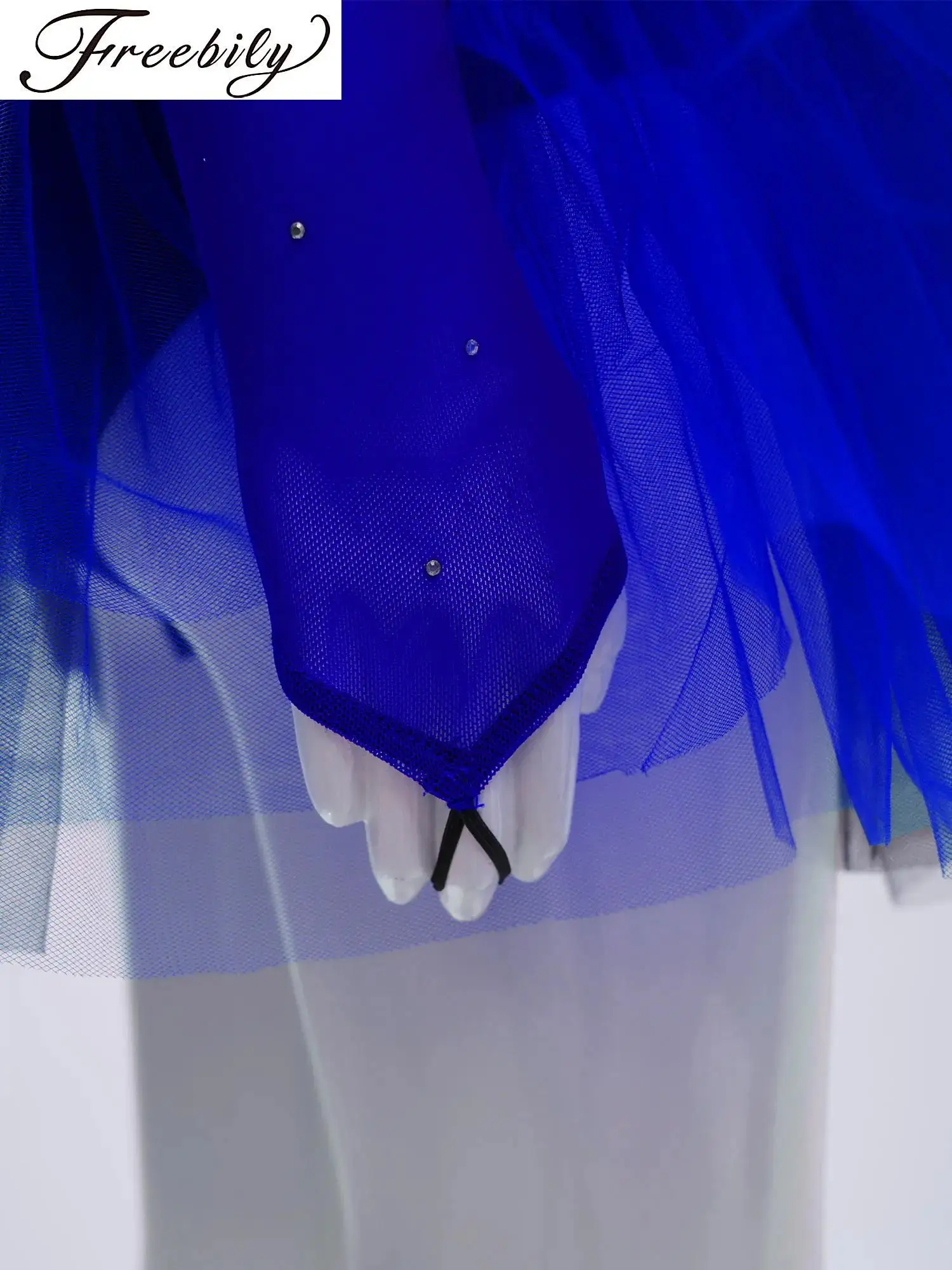 Girls Figure Skating Dance Dress Ballet Gymnastic Leotard Dress Long Sleeves Rhinestones Color Block Mesh Tulle Dress Dancewear