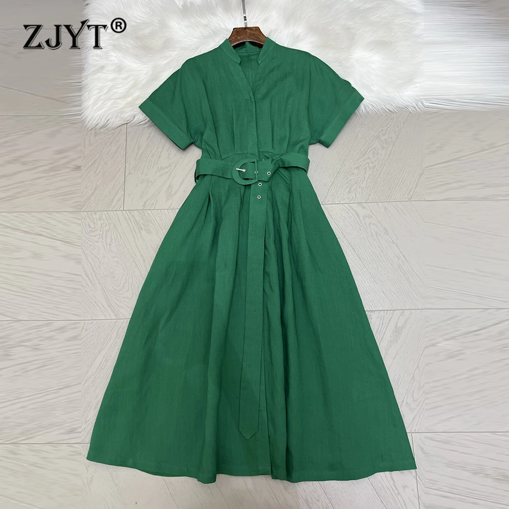 

ZJYT Women Fashion Summer 100% Line Shirt Dress Green Women V Neck Short Sleeve Casual Midi Holiday Dresses Female Clothing 2025