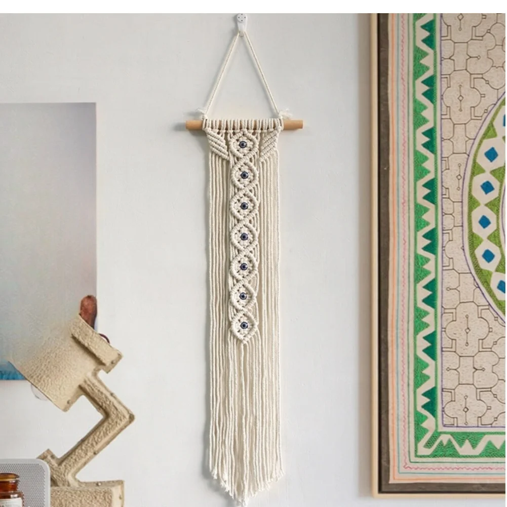 Bohemian Style Cotton Rope Tapestry With Wooden Pole One-eyed Design DIY Wall Art With Tassel Hand Woven Wall Hanging Tapestry