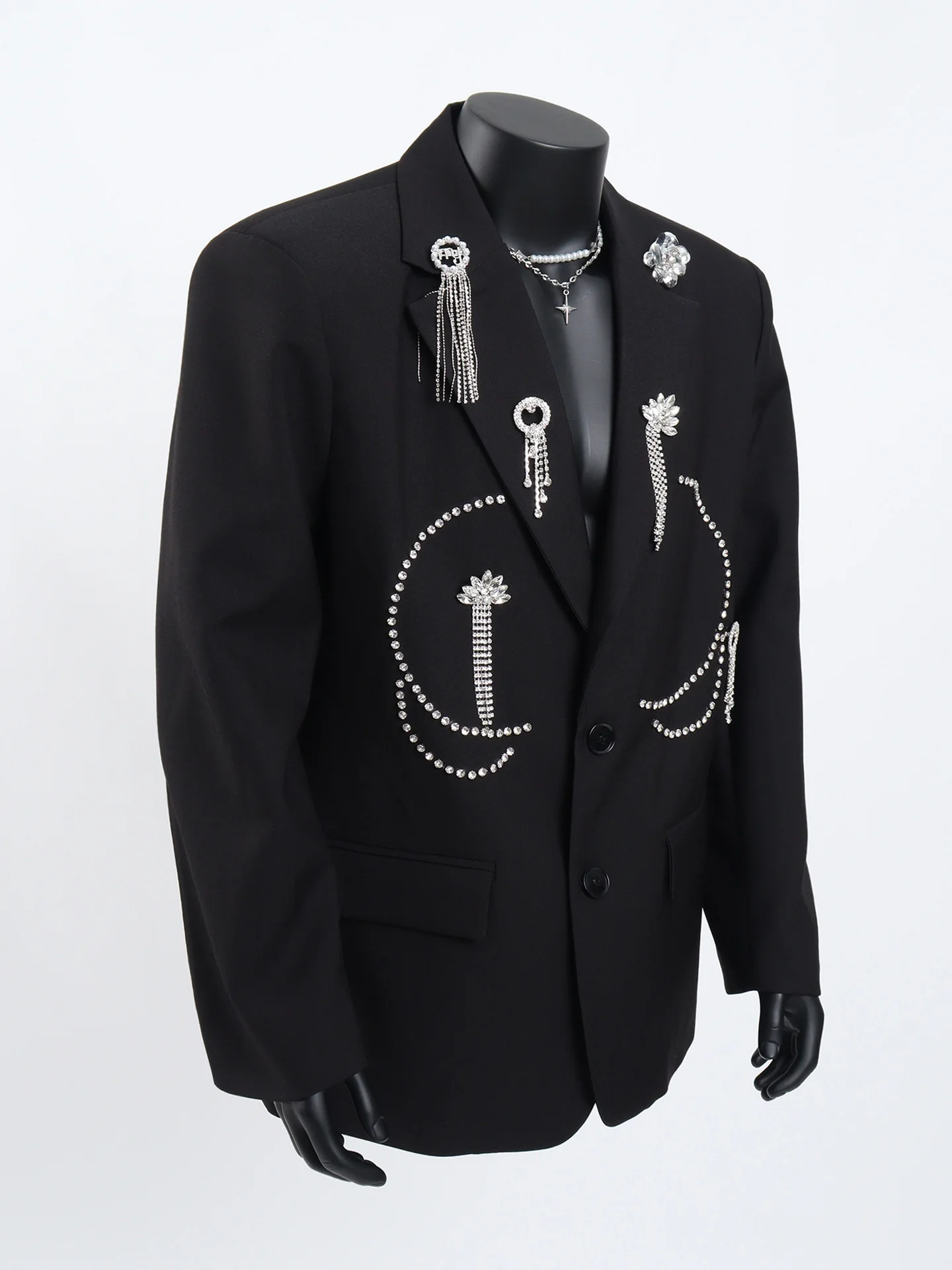 سترة سوداء بتصميم عصري فاخر للرجال، بدلة أداء مزخرفة معدنية راقية، سترة عصرية متعددة الاستخدامات #4