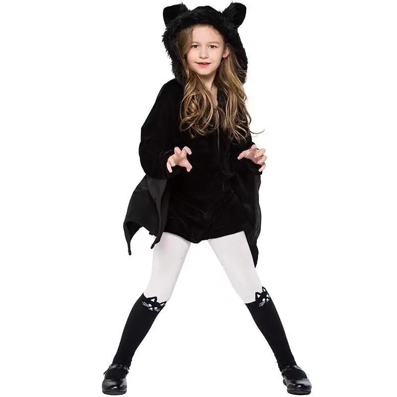 Girl Black Bat Cuff With Hat and Cape Costume, Sshort Black Vampire Suitable for Cosplay Halloween Party