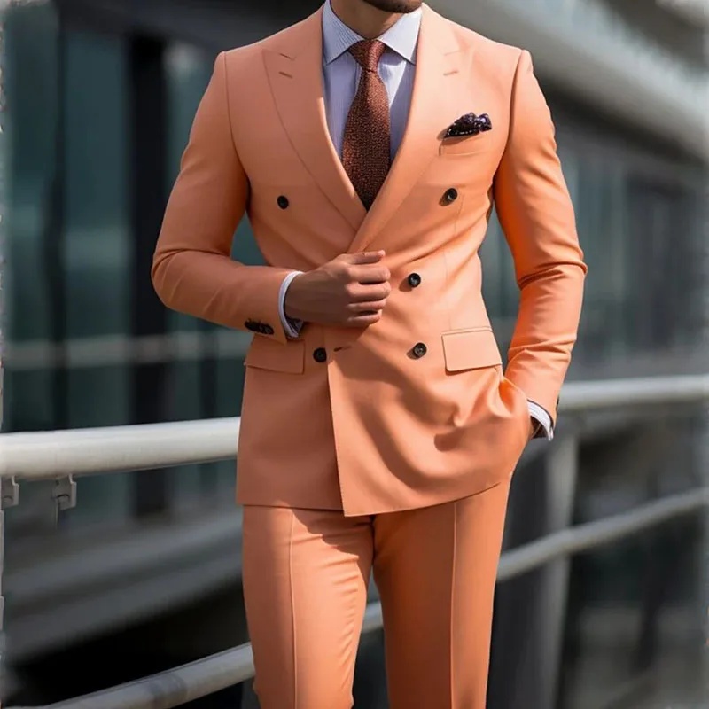 Solid Color Suits for Men Double Breasted Peak Lapel Regular Length Formal Outfits Prom Full Set Luxury 2 Piece Jacket Pants