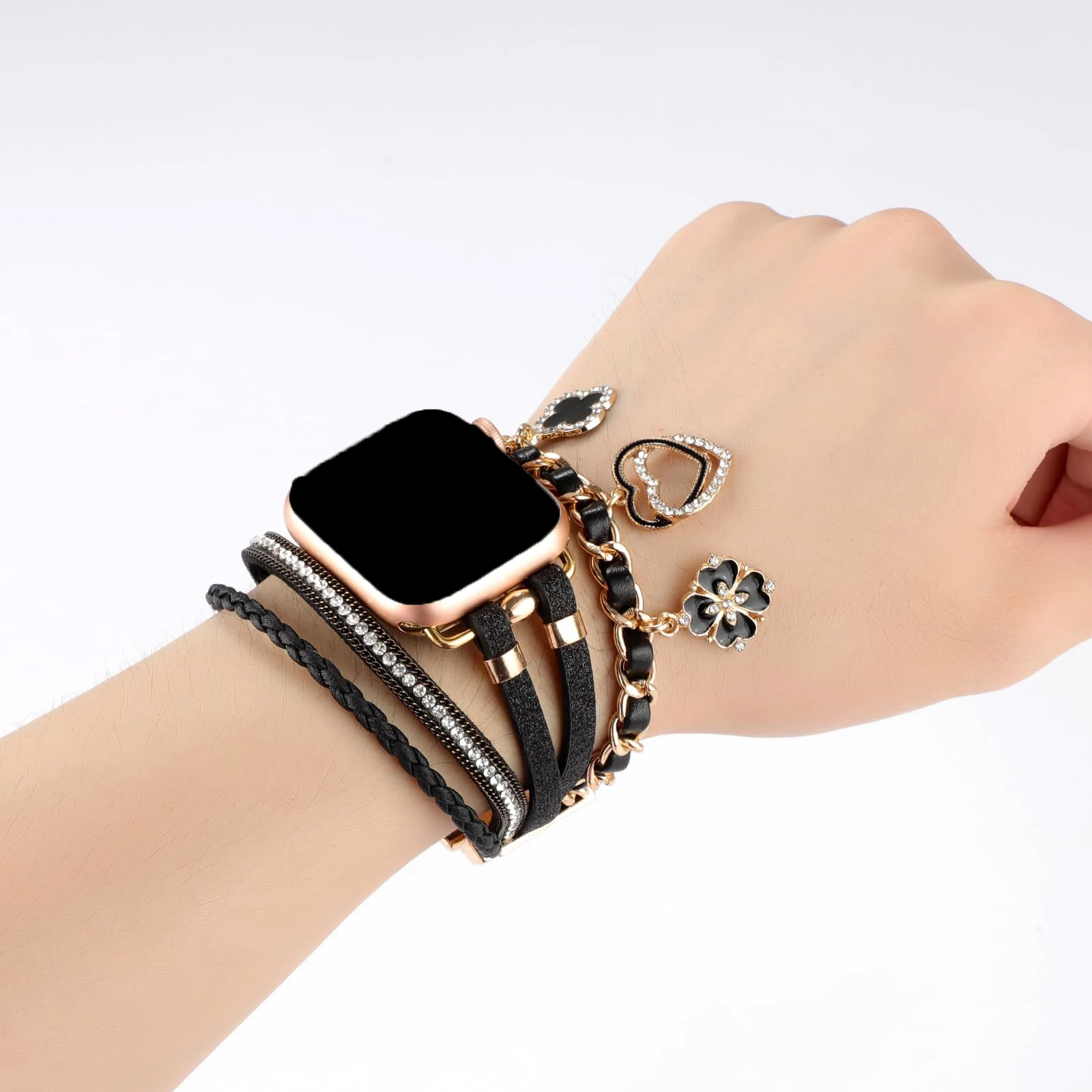 Women Leather Bracelet Band for Apple Watch 40/41/42/44/45/46 mm Metal with Pendant strap for iwatch Series 10 Ultra 9 8 7 6 5 4