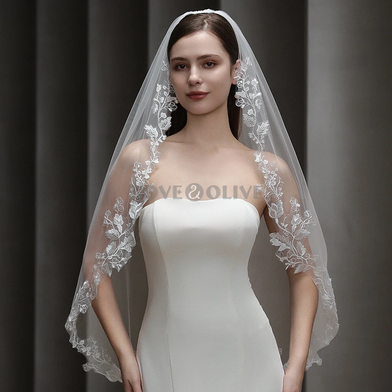 100cm Wedding veil for Brides One Layer with Comb Soft Tulle Lace Appliques Bridal Veils Headpiece Short Wedding Veils image 3
