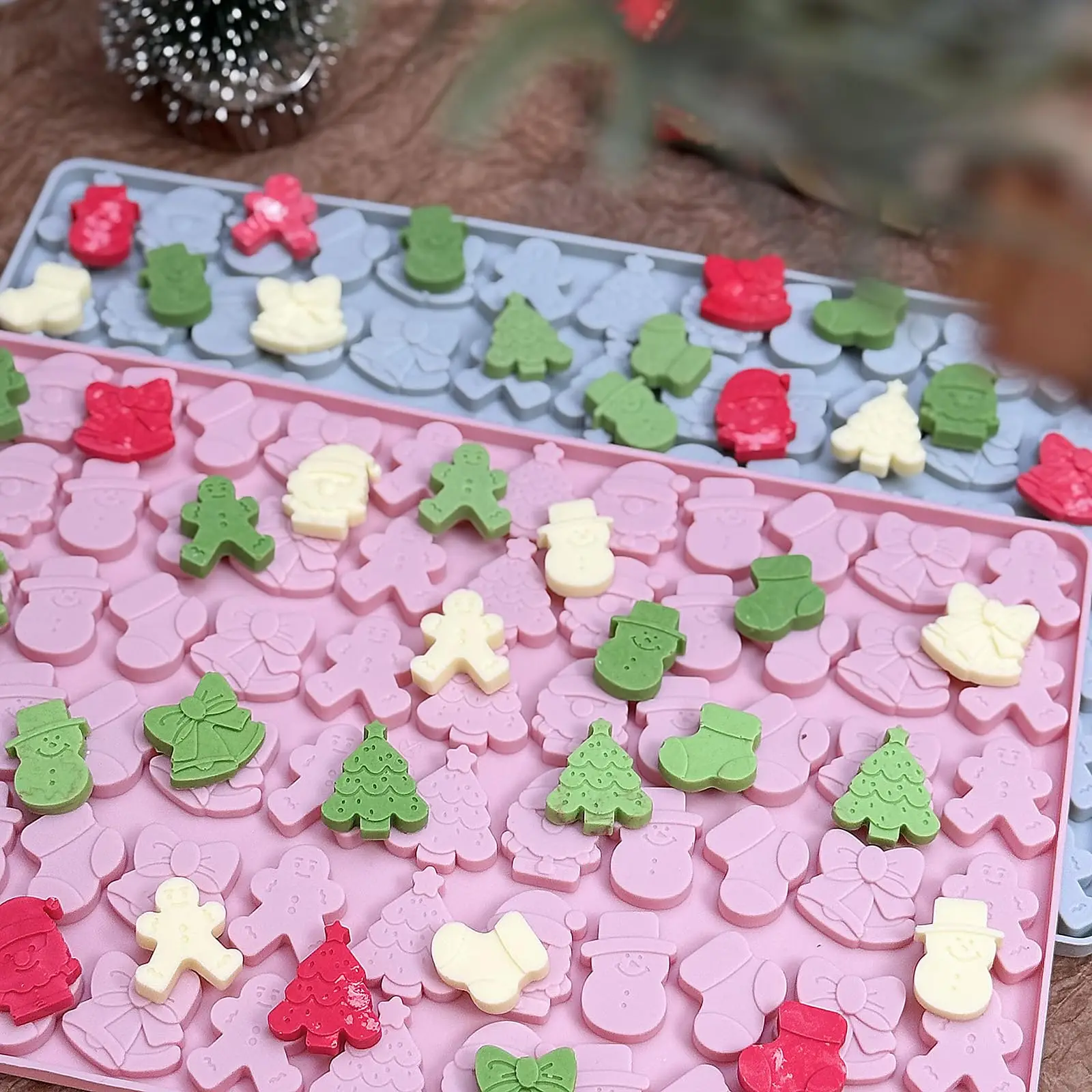 Christmas Silicone Molds 72 - Cavity Mini Christmas Tree Holiday with Gingerbread Man, Santa Claus Molds Candy Chocolate Fondant